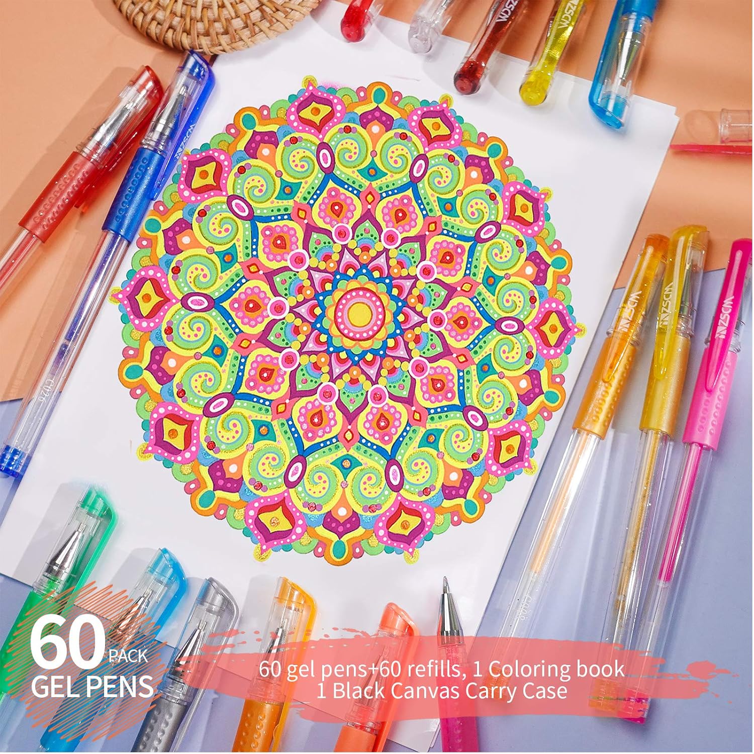 Gel Pens for Adult Coloring Books, Glitter Neon Gel Pens Set Include 60 Colors Gel Marker Pens, 60 Matching Color Refills, for Kids Drawing Gift Card Art Crafts Doodling Scrapbooks Journaling: Office Products