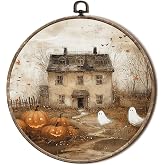 EGVQK Vintage Halloween Fall Round Wall Art, Farmhouse Ghost Pumpkin Framed Canvas Prints Wall Art, Halloween Rustic Fall Round Canvas Hanging Walls Decor for Home Living Room Decorations, 10x10in