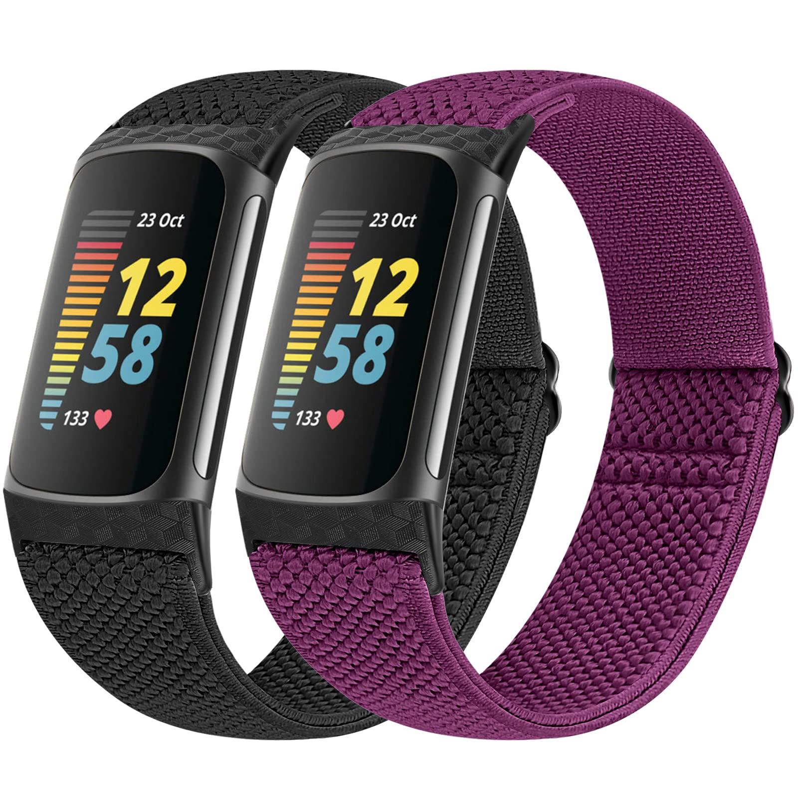 Vodtian Elastic Straps Only Compatible with Fitbit Charge 6/ Charge 5 Strap, 2 Pack Stretchy Adjustable Nylon Loop Braided Replacement Sport Wristband for Charge 5/Charge 6 Activity Tracker Women Men — image 1