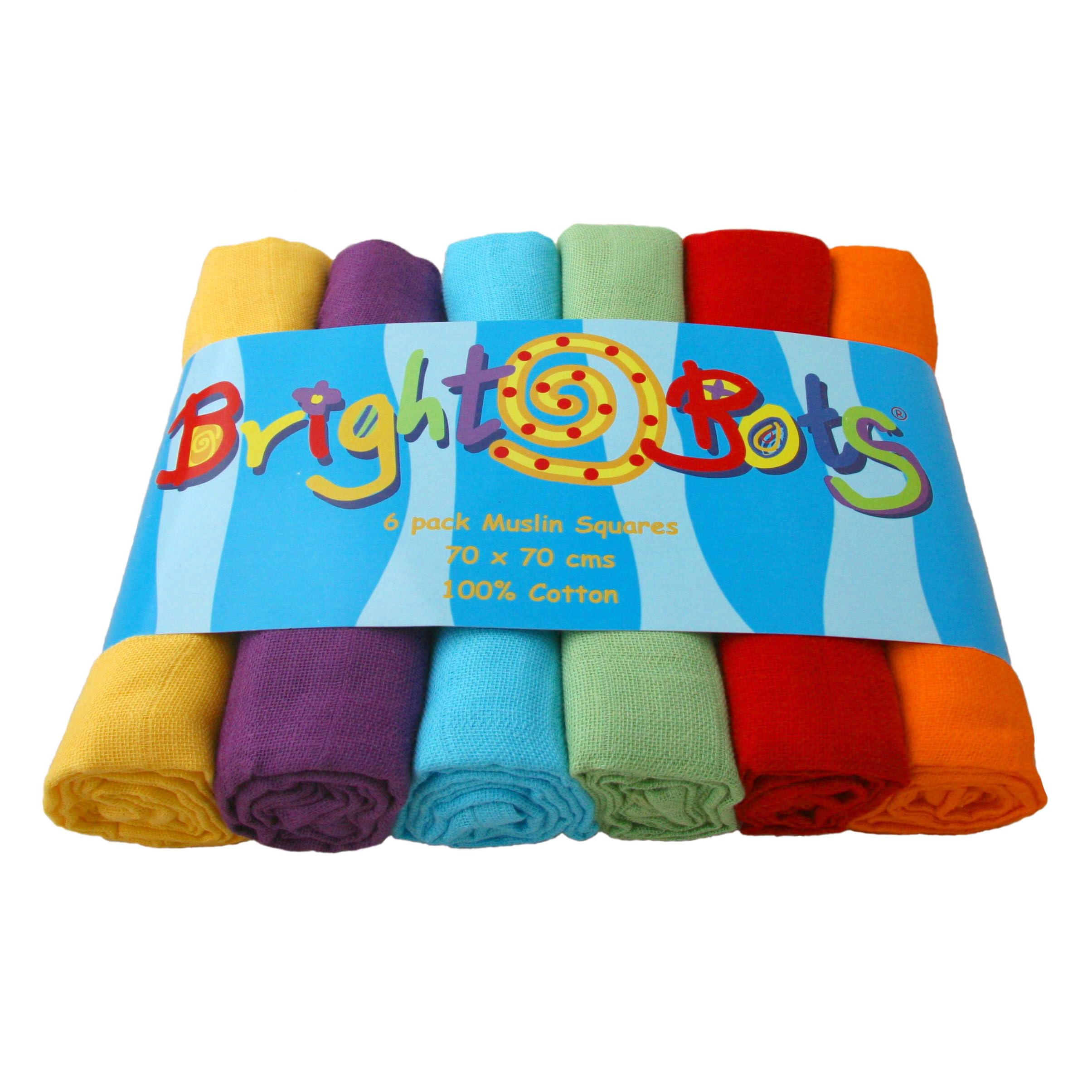 Bright Bots Baby Muslin Squares Burp Cloths Absorbent and Breathable Muslin Cloths Pure Soft 100% Cotton 70cm, Pack of 6 (Unisex combo)