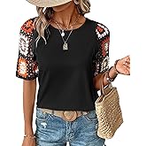 Chvity Crochet Shirts for Women Crewneck Shirt Floral Short Sleeve Casual Pullover Blouse Summer Tops