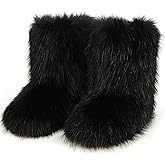 GANGYIMUNE Faux Fur Boots for Women,Winter Furry Fuzzy Mid Calf Black Brown Snow Boots for Women Fur Lined Short Fluffy Boots y2k