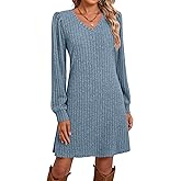 Ficerd Women's Knit Long Sleeve Sweater Dress Casual V Neck Tunic Dresses Fall Trendy Outfits
