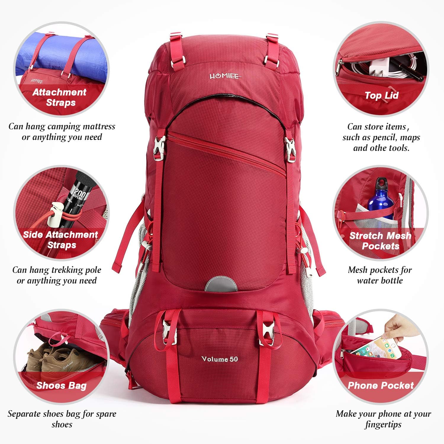 HOMIEE 50L Hiking Backpack with Rain Cover Internal Frame Backpacking Backpack for Outdoor Sport Climbing Camping: Sports & Outdoors
