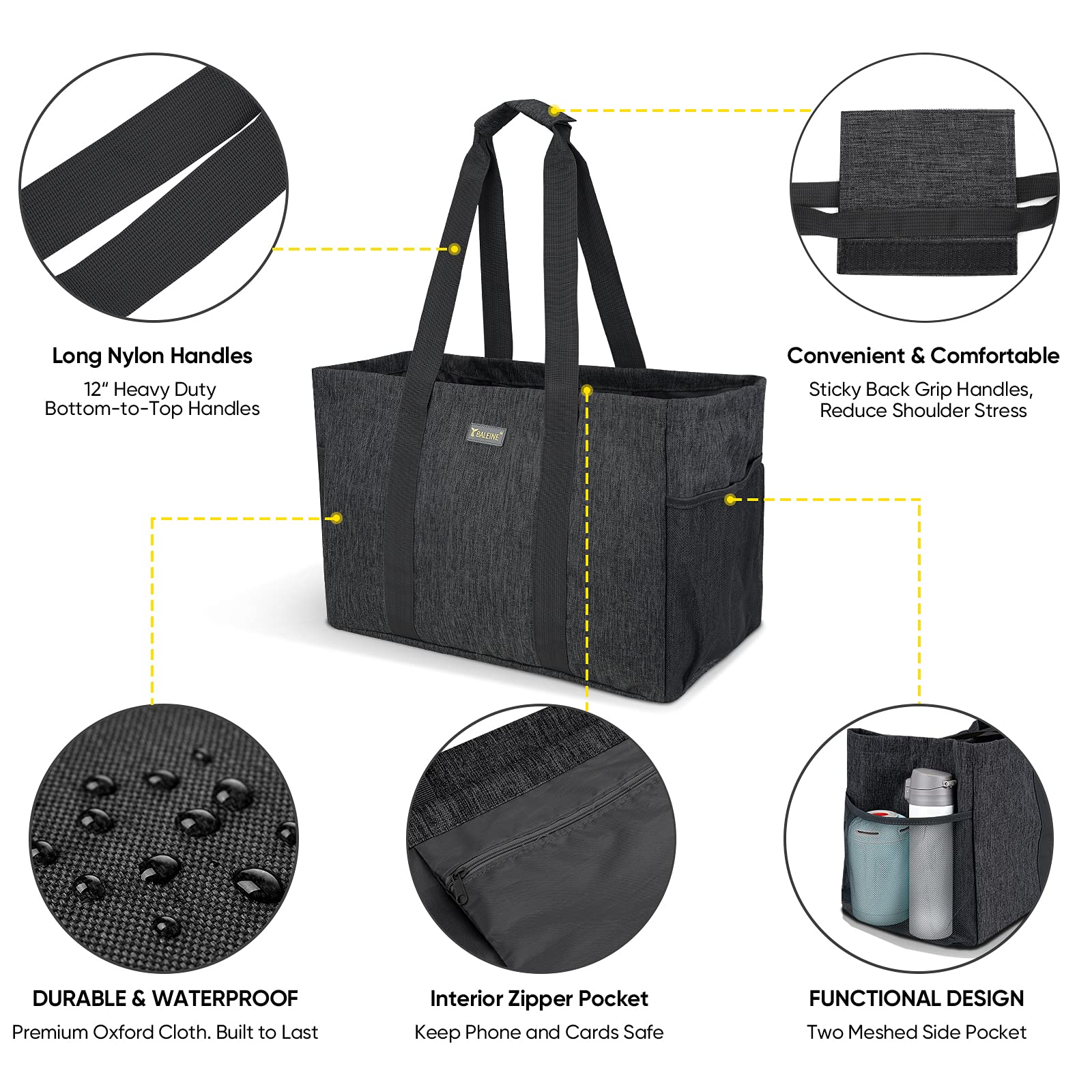 BALEINE Soft 9 Gallon Extra Large Utility Tote, Foldable Reusable Storage Bag (Charcoal Black)