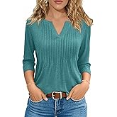 FreshNight 3/4 Length Sleeve Womens Tops Pleated V Neck T Shirts for Women Blouses Dressy Casual