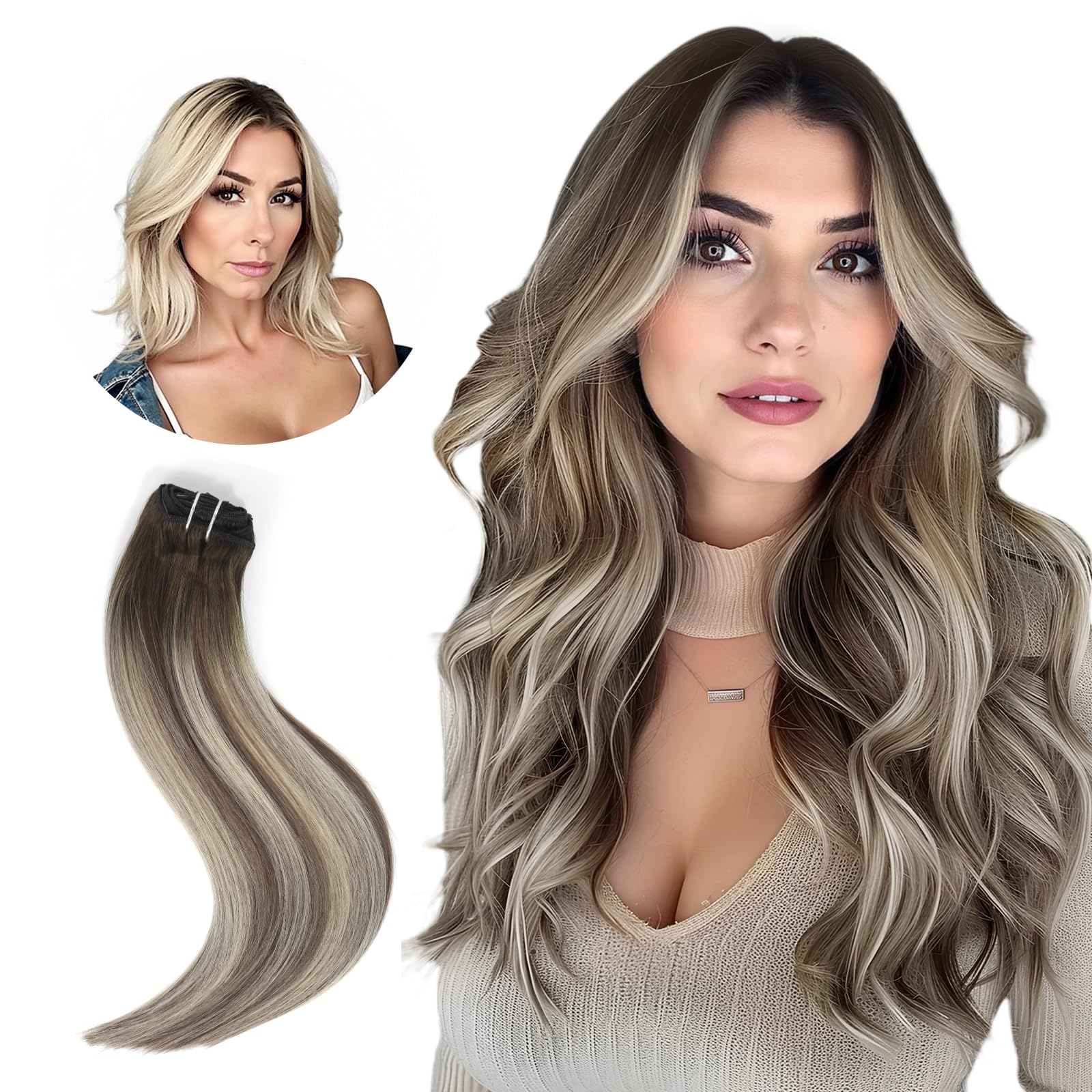 Photo 1 of Hyssiet 20 Inch Clip in Real Human Hair Extensions, Balayage Walnut Brown to Ash Brown Mix Light Blonde, Remy Thick Invisible Straight Clip Hair,Seamless, 95 Gram 7 Pieces With 16 Clips