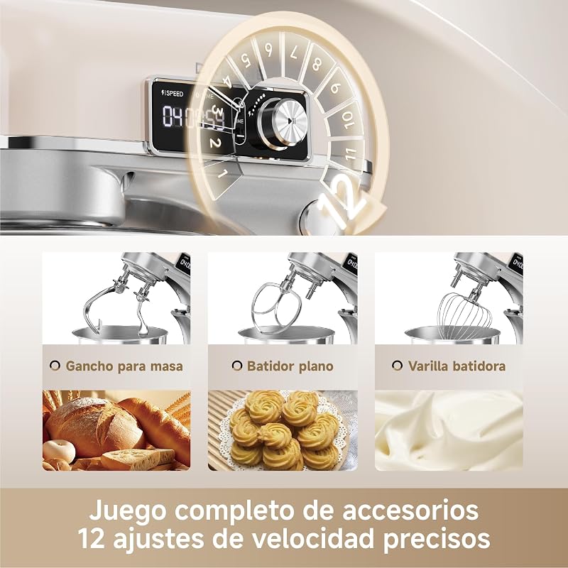 Misturadora de massa BioKnead™, sistema patenteado de duplo anzol e motor DC silencioso de 800 W com taça de 6 L, ecrã digital, 12 velocidades e acessórios para qualquer tarefa