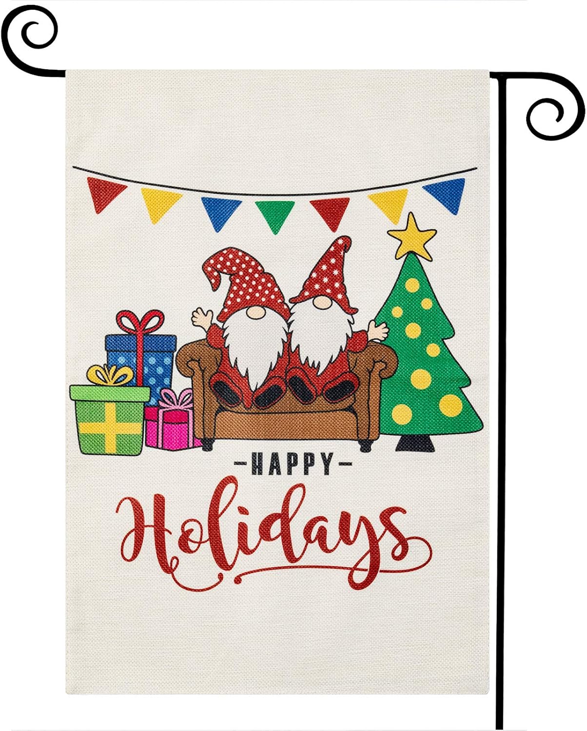 LARMOY Christmas Happy Holidays Garden Flag 12 x 18 Inch Double Sided, Small Lovely Gnome Winter Burlap Yard Flags for Xmas Outdoor Decoration