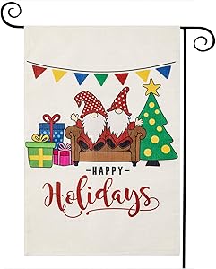 LARMOY Christmas Happy Holidays Garden Flag 12 x 18 Inch Double Sided, Small Lovely Gnome Winter Burlap Yard Flags for Xmas Outdoor Decoration