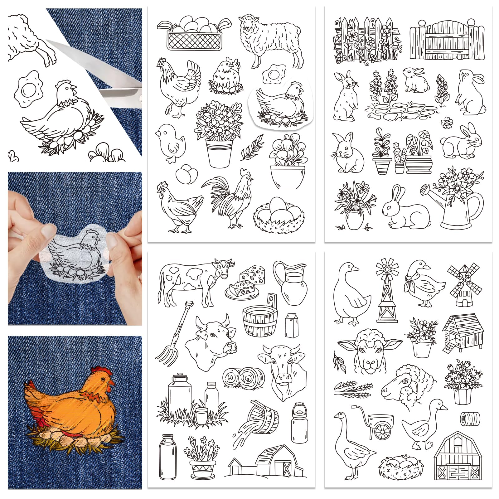 GLOBLELAND 4 Sheets 57Pcs Farmhouse Water Soluble Hand Sewing Stabilizers for Fabric Chicken Duck Rabbit Cow Embroidery Stitch Practice Eembroidery Patterns Transfers for Embroidery Beginners Lovers