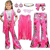 XonyiCos 8 Pcs Girls Kids 60s 70s Hippie Costume Disco Outfits Fringe Vest Boho Bell Bottoms Hippie Outfits Accessories Set