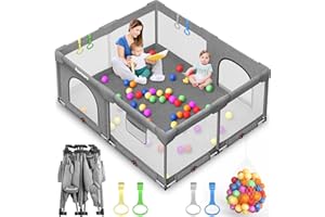 PAWTNERS Foldable Playpen for Babies and Toddlers: 71" L x 59" W x 27" H(External Dimensions), Large Kids Play Yard, Portable for Indoor and Outdoor Play Area, Baby Gate with 50PCS Ocean Ball, 4 Handles