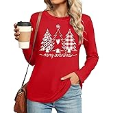Merry Christmas Shirts for Women Christmas Long Sleeve Plaid Xmas Trees Graphic Shirt Christmas Blouse Tee Tops