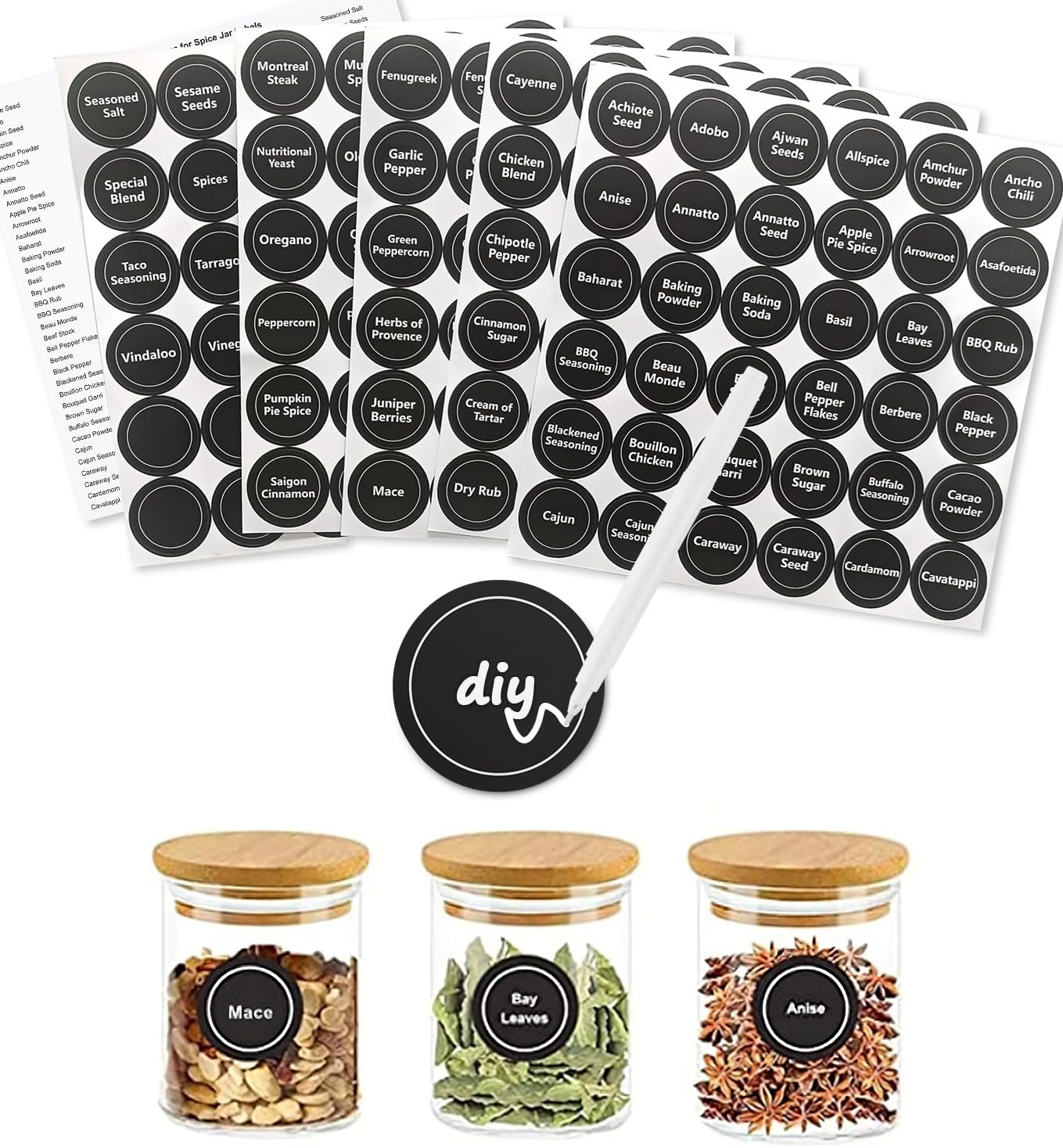 Photo 1 of 180 Spice Labels for Food Containers, Chalkboard Labels for Jars, Spice Label Stickers Herb Seasoning Kitchen Pantry Labels, Small Chalk Sticker Spice Jar Label Round 168 Printed, 1 Erasable Chalk