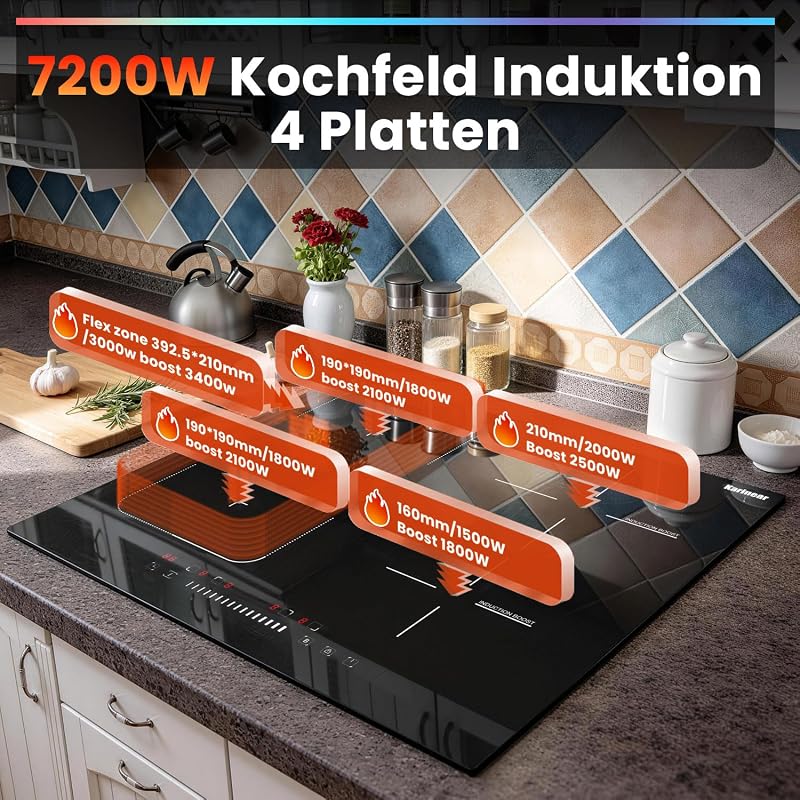 Induktionskochfeld 60 cm, 4 Platten 7200W, Flex Zone, Boost