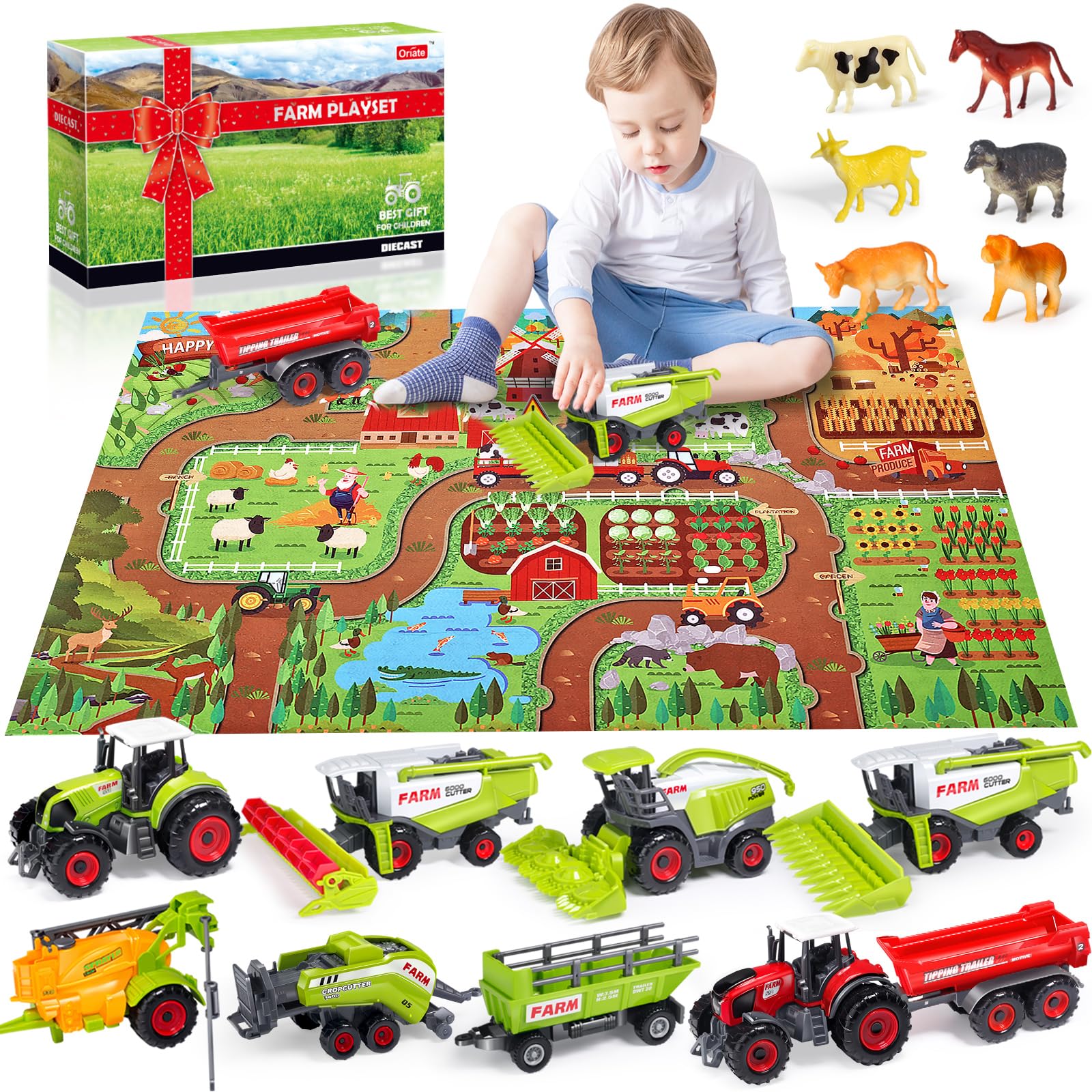 Oriate Farm Tractor Set 34 Piece Die-Cast Vehicle Value Playset, Large Size 4.7" Tractor Toy Playset for Kid's Christmas Birthday Gift, Including Farm Room Play Mat with Farm Animal Harvester