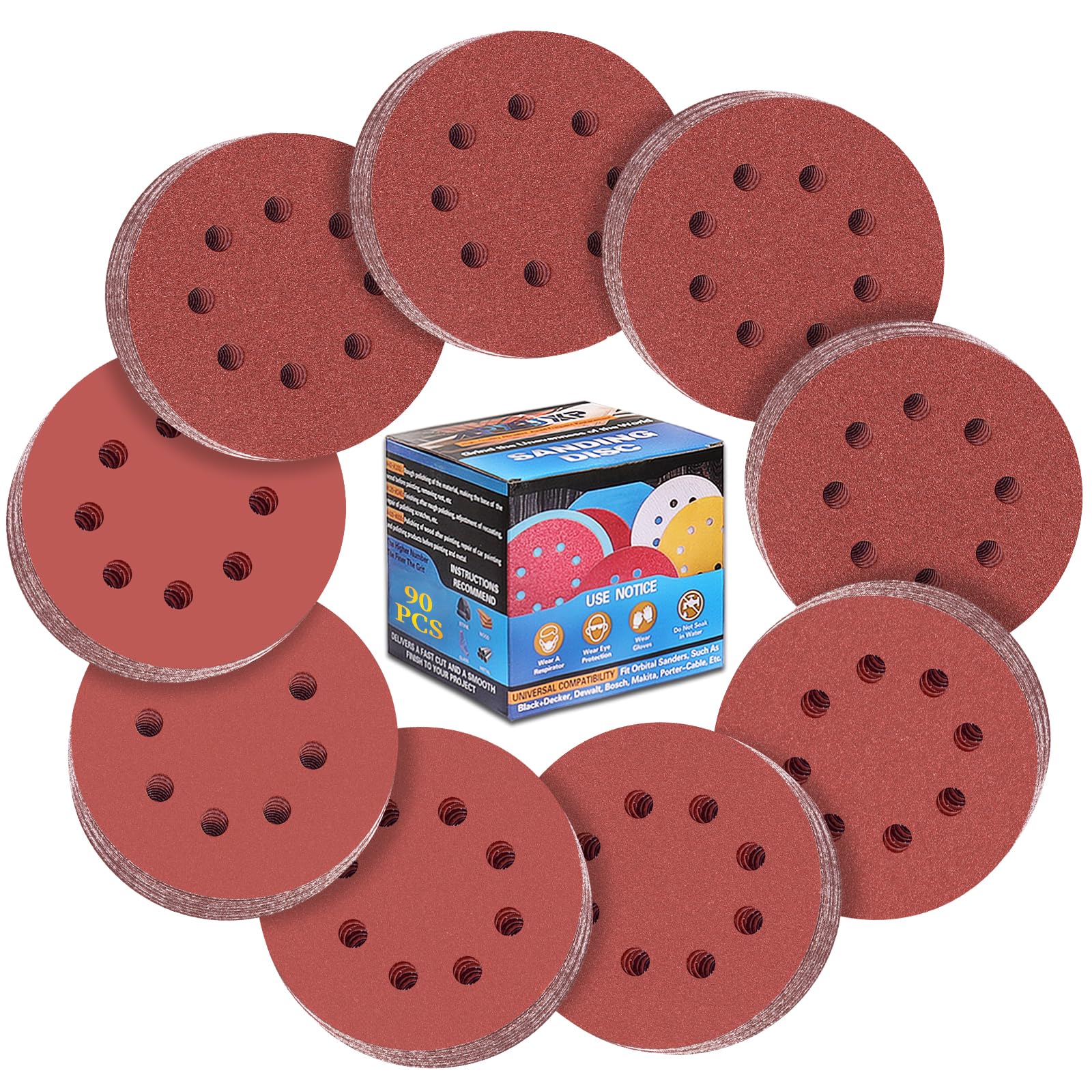 ALPXUXP 125mm Sanding Discs 8-Holes Hook and Loop Sanding Pads for Random Orbital Sander Sandpaper Sheet(120/240/320/400/600/800/1000/1500/2000 x10 Mixed Grits)-90Pcs — image 1