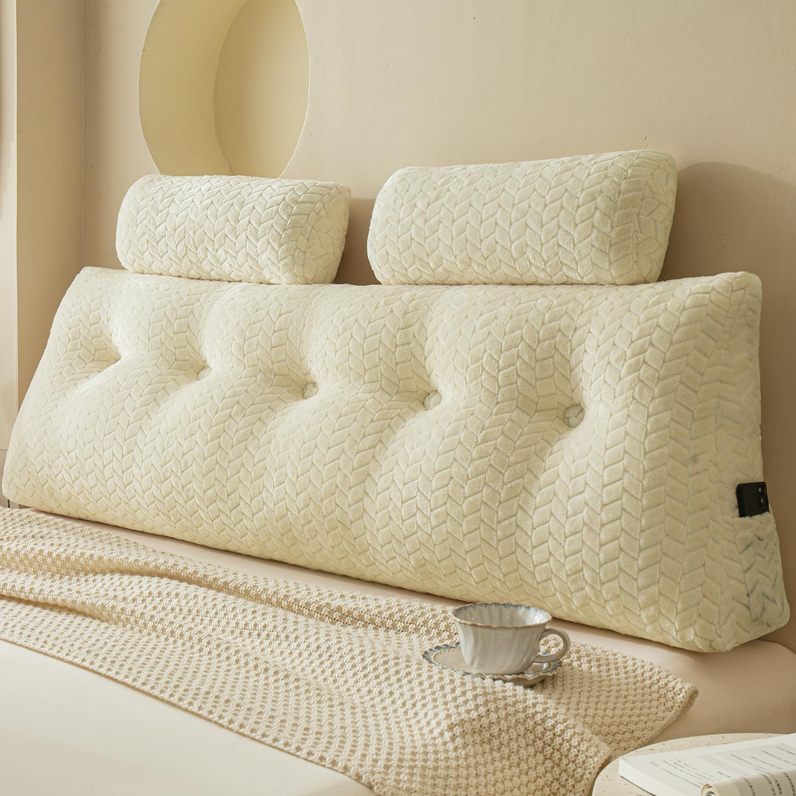 Photo 1 of YOUR MOON Wedge Headboard Pillow Queen with 2 Pack Neck Roll Pillows, Triangular Wedge Backrest Pillow Headboard for Bed,Daybed,and Lounging, Large Bed Bolster Pillows,Off White