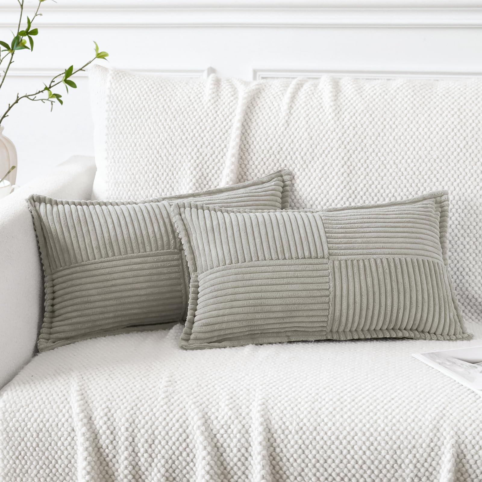 Artscope Corduroy Cushion Covers Pack of 2 Modern Patchwork Throw Pillow Covers Soft Pillowcase Broadside Decorative Textured Cushions for Home decor Sofa Bedroom Couch Light Gray 30x50cm — image 1