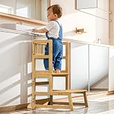 COSYLAND Toddler Tower Toddler Step Stool for Kitchen Helper | Toddler Kitchen Stool Helper with Removable Side Guard for Kitchen/Bathroom/Living Room 300 lbs Capacity for Kids Natural