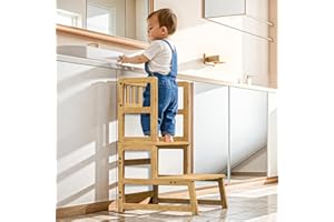 COSYLAND Toddler Kitchen Stool Helper – Kid's Step Stool with Side Guard Structure for Kitchen/Bathroom Sink/Living Room/Bedroom – 300 lbs Load Capacity Ladder for Toddlers – Natural