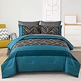 Luxudecor Teal Blue Comforter Set Queen Size, 7 Pieces Blue and Black Stripe Bed in a Bag, Geometric Comforter and Sheet Set, Soft Microfiber Complete Bedding Sets for All Seasons