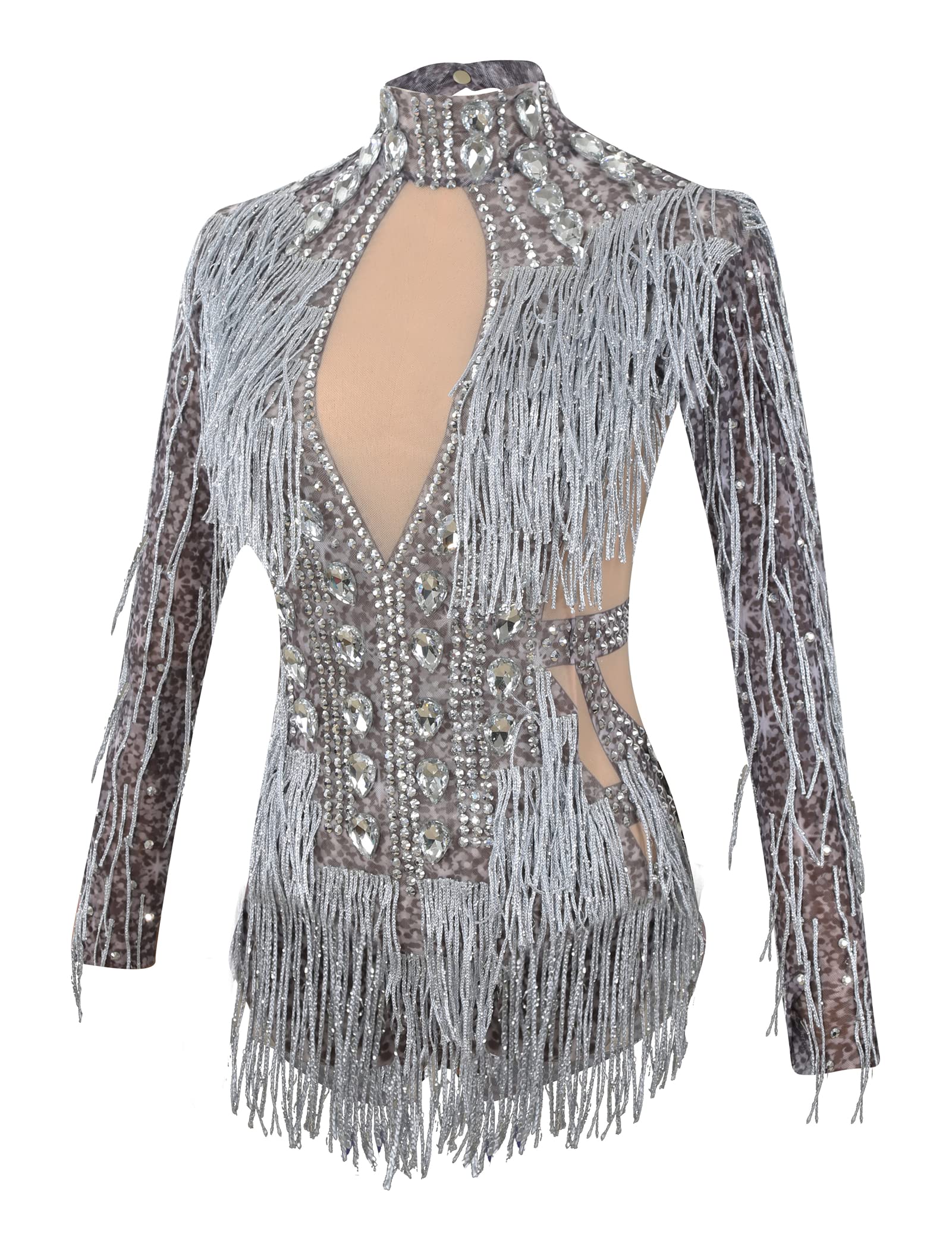YUANTONG See Through Mesh Rhinestone Bodysuits for Women Sexy Fringe Leotard Drag Queen Outfit Birthday Dance Carnival Costumes