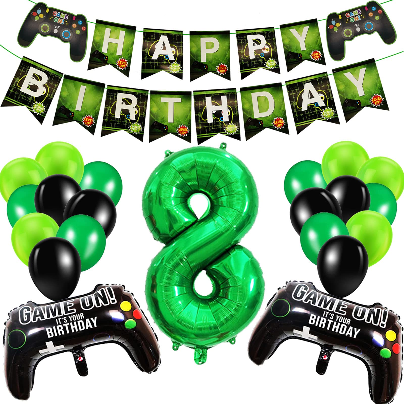 8th Birthday Decorations for Boys, Gaming Party Decorations Set for Gamers, Happy Birthday Banner Game Controller Balloons Black Green Balloons for Kids Teenagers Party Supplies