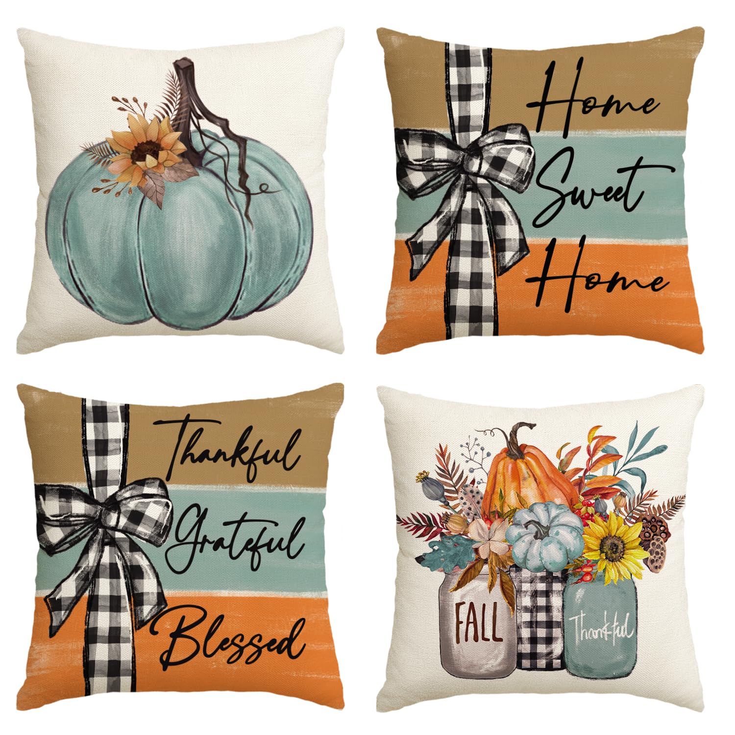 Photo 1 of AVOIN colorlife Fall Pumpkin Home Sweet Home Throw Pillow Covers, 18 x 18 Inch Autumn Thankful Grateful Blessed Harvest Floral Decorations for Sofa Couch Set of 4