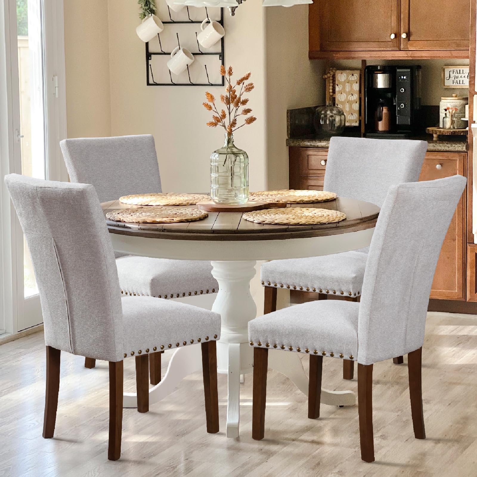 Photo 1 of ***FINAL SALE/NO RETURN, VIEW NOTES*** COLAMY Upholstered Parsons Dining Chairs Set of 4, Fabric Dining Room Kitchen Side Chair with Nailhead Trim and Wood Legs - Light Grey