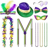 WGXX 8 Pcs Mardi Gras Costumes Accessories Set Includes Sequin Hat Bow Tie Sunglasses Suspenders Faux Feather Headband Sequin Mask Beads Necklaces Feather Boa for Men Women Carnival Party