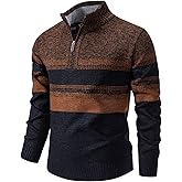 TebYIA Mens Sweate Quarter Zip Striped Pullover Color Block Knit Sweaters for Men, Long Sleeve Casual Polo Sweatershirt