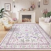 Amearea 8x10 Area Rugs for Living Room, Washable Area Rugs 8 x 10 Purple Floral Rug, Vintage Low Pile Cute Kids Girls Room Print Carpet, Non Slip Office Nursery Bedroom Dining Room Farmhouse Decor