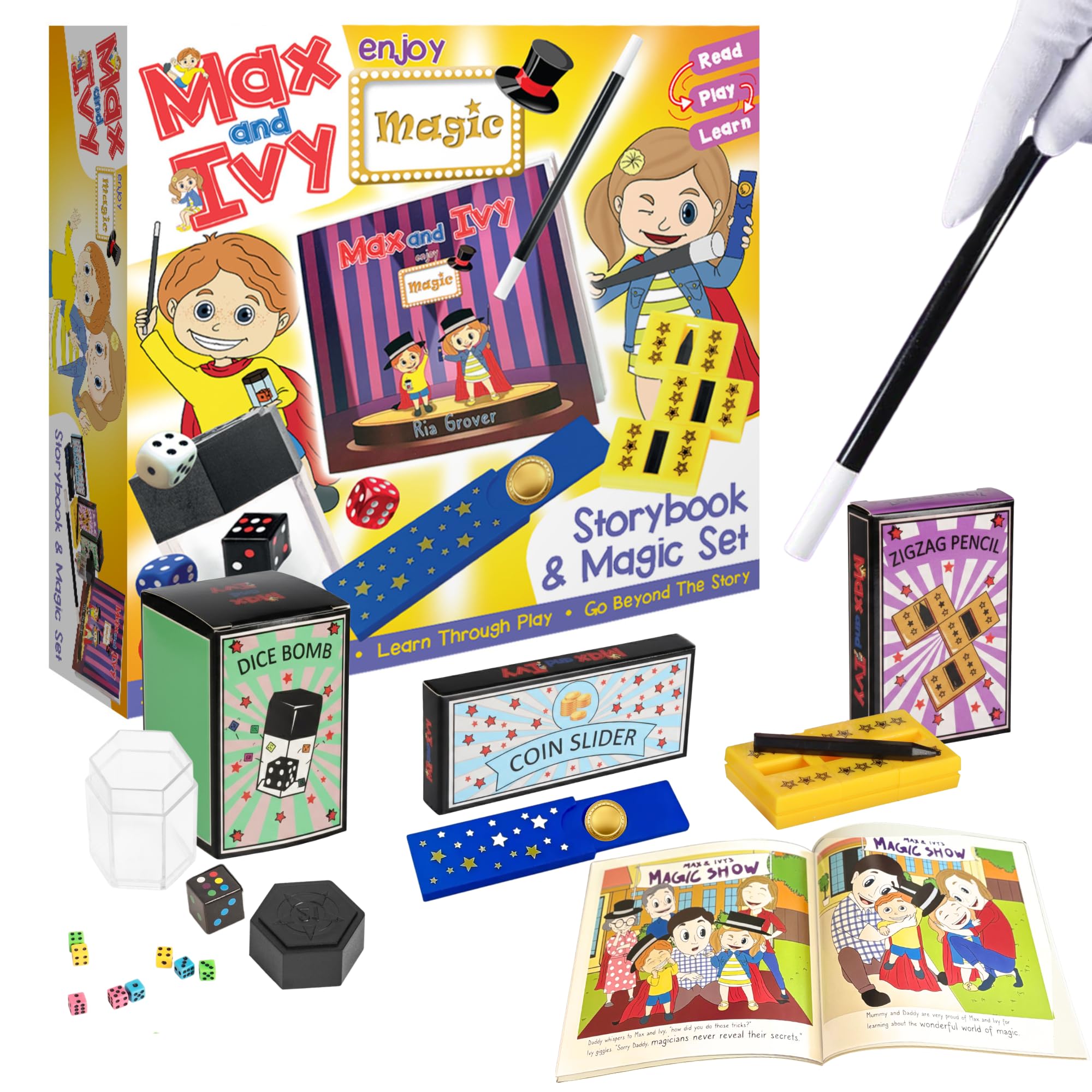 Magic Set for Kids Ages 3-7 – Beginner Magic Tricks Kit with Props & Video Tutorials – Explore Disappearing Coin, Pencil Slicer, Dice Illusion – Includes Illustrated Storybook