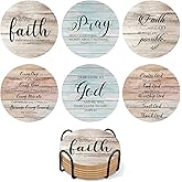 6 PCS Christian Religious Quote Cork Coasters for Drinks, Wooden Coasters for Drinks with Coaster Holder, Kitchen Decor, for Christian and Housewarming Present