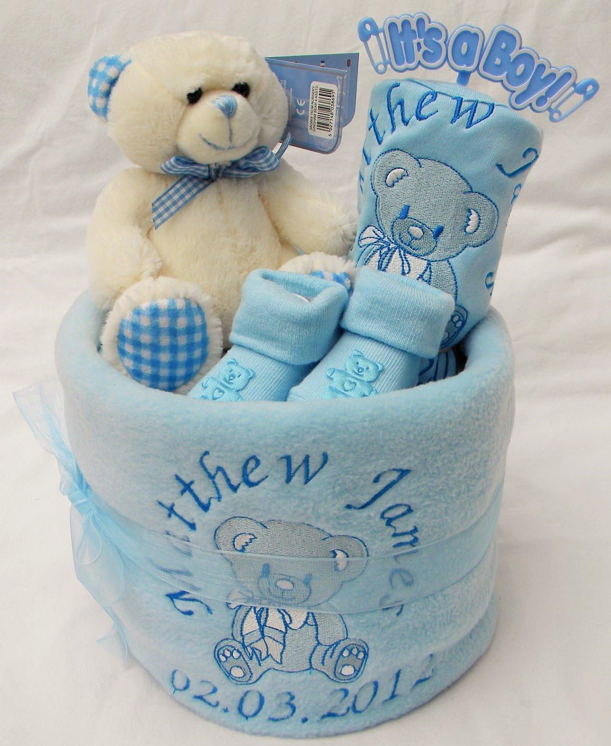 Personalised Baby boy or Girl Nappy Cake Single Tier Baby Hamper Baby Shower Gift Blanket Teddy bib Shoes (Blue)