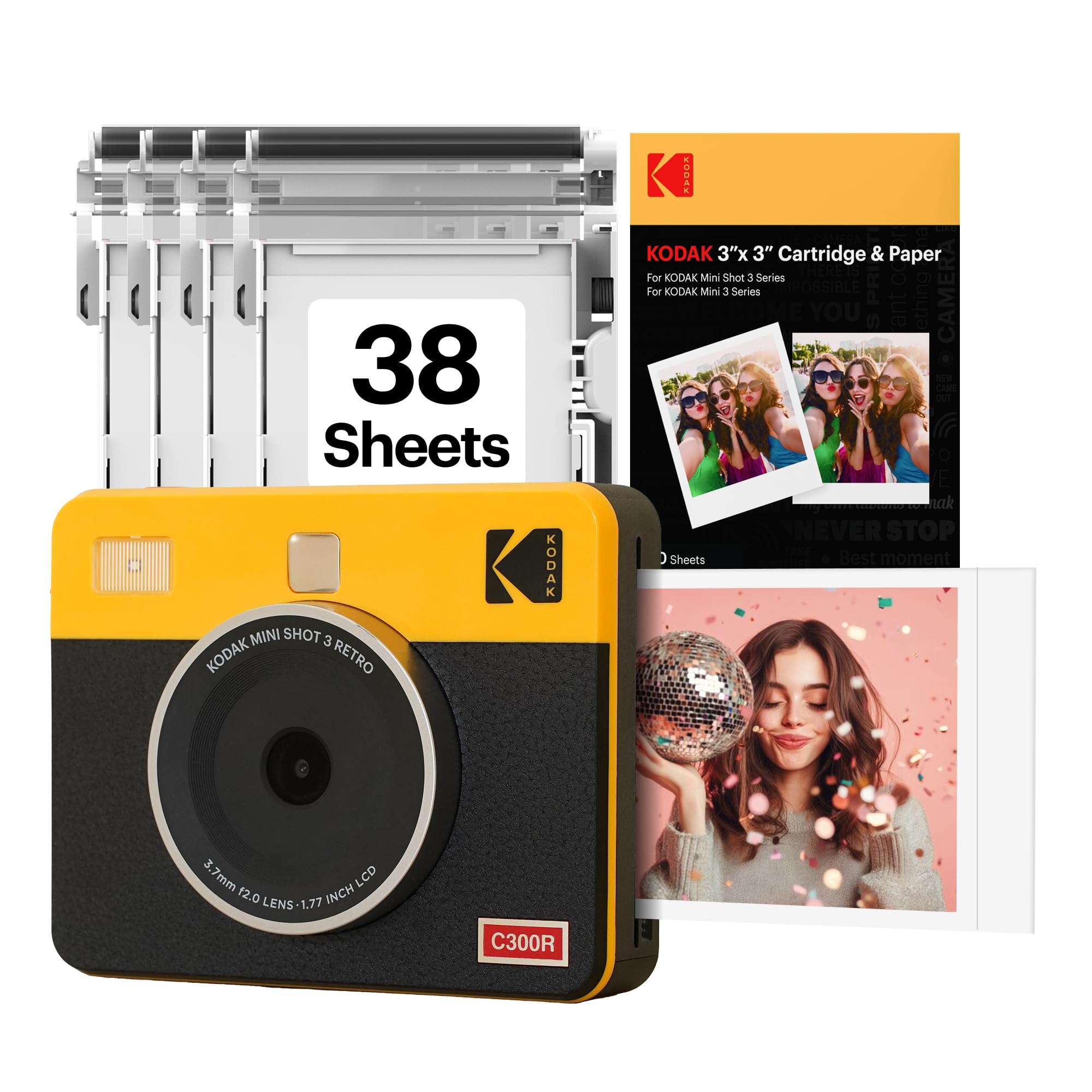 KODAK Mini Shot 3 Retro 3x3 Cámara digital instantánea e impresora fotográfica, 38 hojas, cámara de impresión portátil 2 en 1, impresora Bluetooth para teléfono inteligente para iOS y Android, sublimación de tinte 4PASS, amarillo