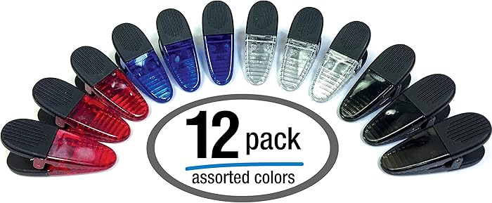 Heavy Duty Magnetic Clips, 12 Pack, with Neodymium Magnets, by Better Office Products, 3 1/4 Inch, All Purpose, Alligator Style, Assorted Colors of Black, White, Red, Blue, 12 Pieces