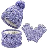 Kids Winter Hat Gloves Scarf Set Warm Fleece Beanie with Pom Knit Neck Warmer Mittens for Boys Girls Ages 3-8