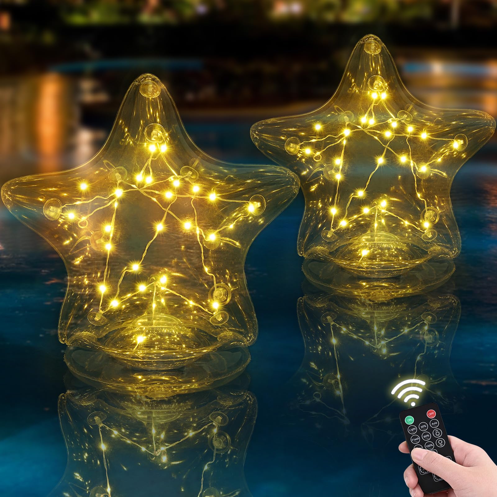Photo 1 of Likiyol 4 Pack Solar Floating Pool Lights with Remote, 17" Warm White Inflatable Light Up Pool Balls Solar Powered That Float, IP68 Waterproof Floating Lights for Pool Pond Decorations Outdoor(Star)