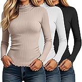 Oakgarden 3 Pack Women's Turtleneck Cotton Shirts, Long Sleeve Ribbed Lettuce Trim Mock Neck Slim Fit Tops Soft Base Layer(Black, White, Khaki,Small)