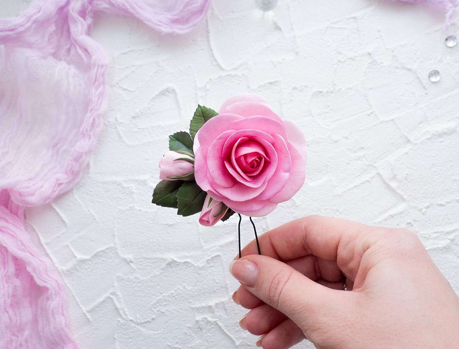 Amazon Com Bride Hair Piece With Pink Handmade Real Touch Rose