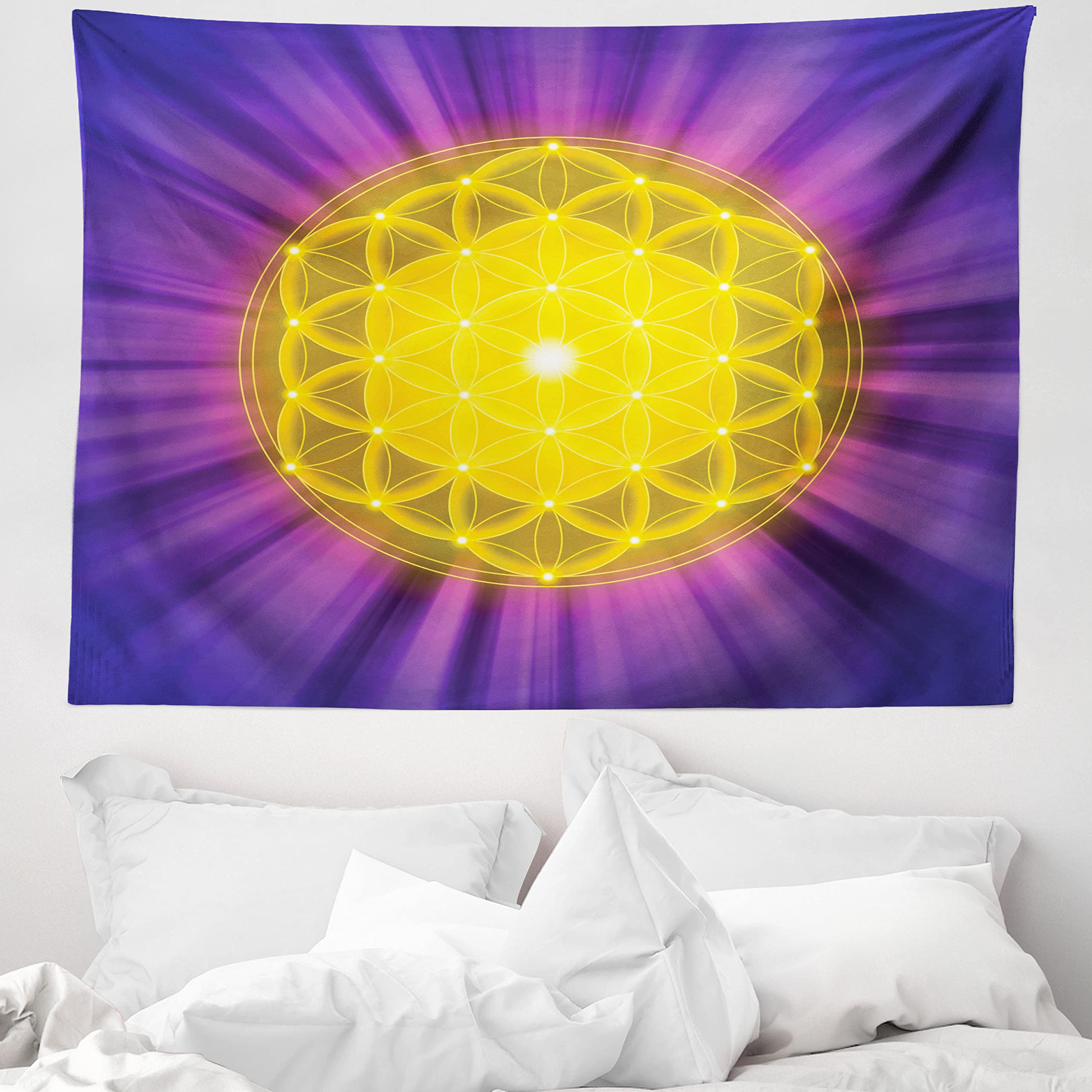 ABAKUHAUS Purple Mandala Tapestry, Sacred Geometry Themed Print Flower of Life Motif with Purple Shade Rays, Fabric Wall Hanging Decor for Bedroom Living Room Dorm, 58 W X 43 L, Multicolor