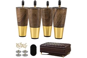 ALAMHI Wood Furniture Leg Sofa Legs 4 Inch Brown Round Tapered Mid-Century Modern Feet with Brass Base Replacement Legs for Cabinets,Coffee Table,Ottoman,TV Stand,Loveseat,Armchair Set of 4