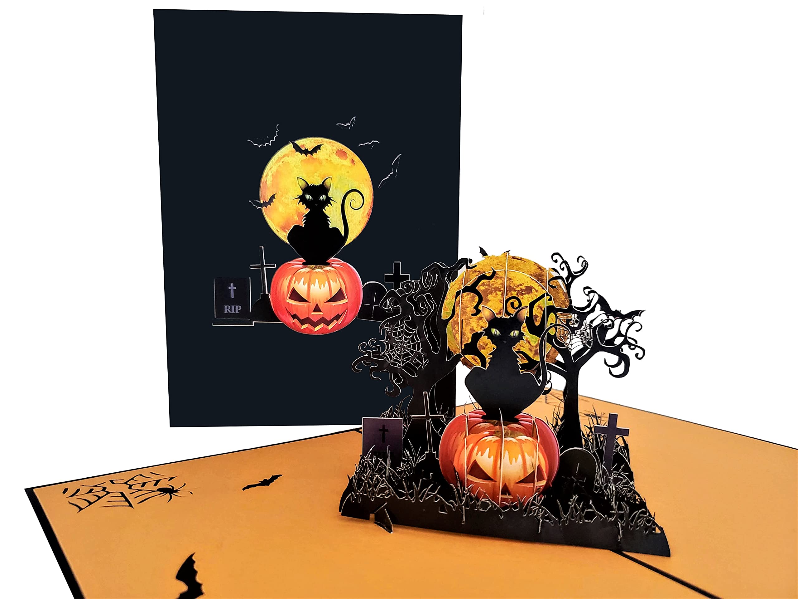 iGifts And Cards Scary Black Cat on Pumpkin Halloween 3D Pop Up Greeting Card – Jack-O-Lantern, Spooky Trees, Fun, Bats, Creepy Graveyard, Tombstone, Full Moon, Cemetery, Spider Web, Hallows