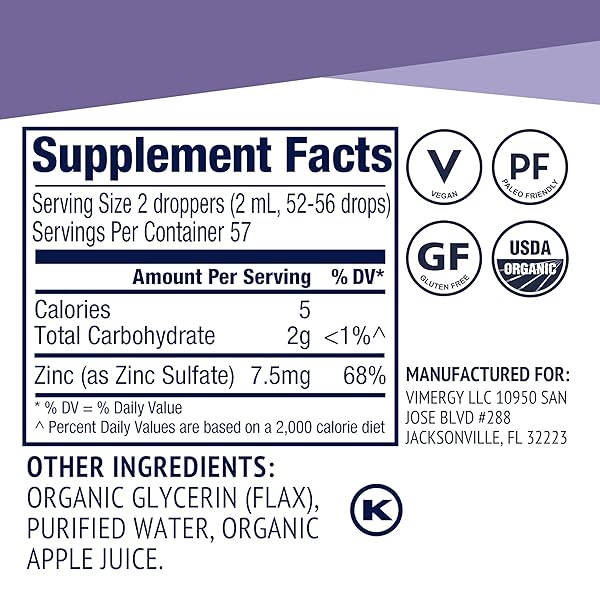 VIMERGY USDA ORGANIC ZINC SUPPLEMENTS FOR WOMEN & MEN (7.5MG LIQUID ZINC PER SERVING) FAST-ABSORBING IMMUNE SUPPORT, PROMOTES HEALTHY BONES & SKIN, VEGAN, UP TO 57 SERVINGS (115 ML)