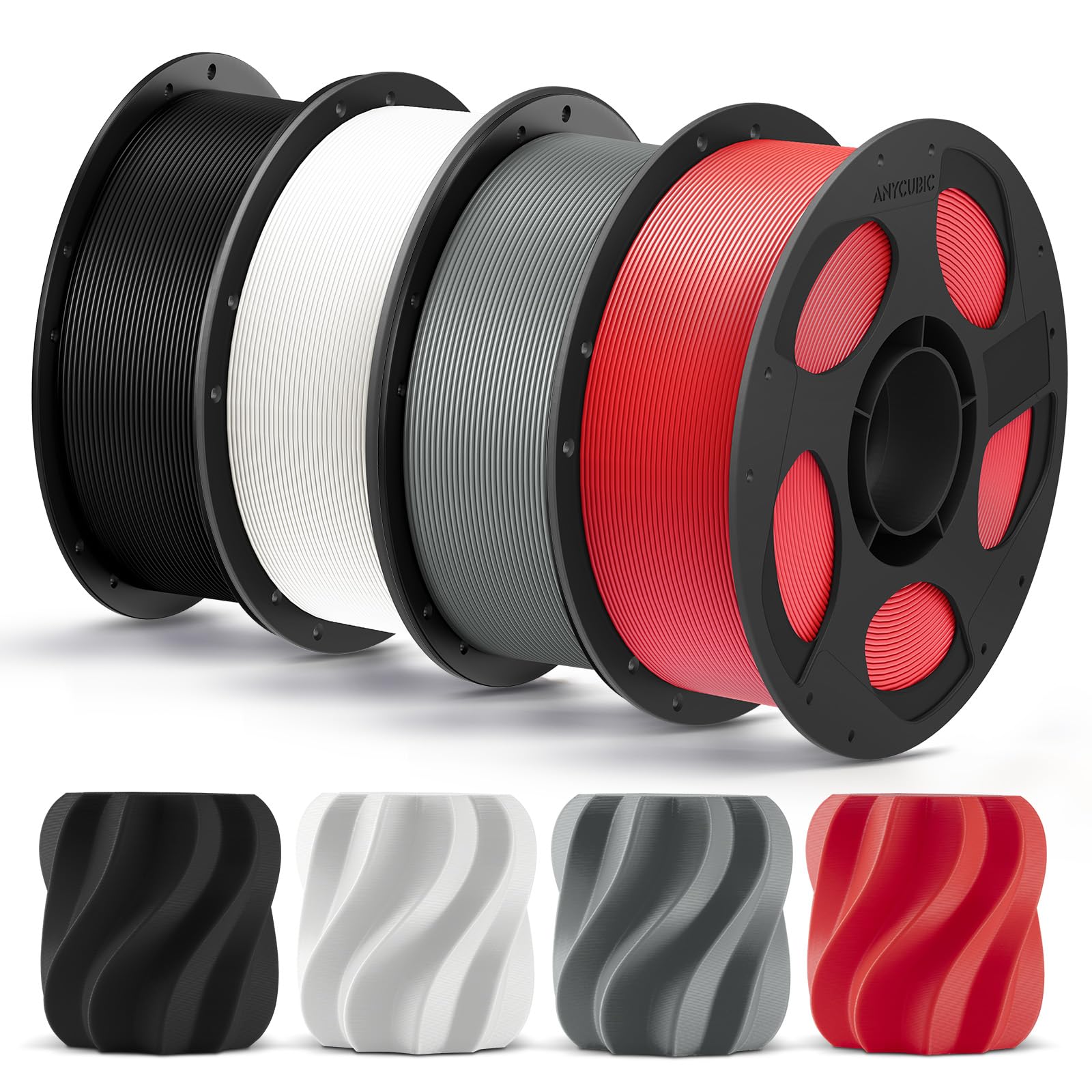 ANYCUBIC PLA Plus (PLA+), 3D Printer Filament 1.75mm Bundle, High Toughness, Dimensional Accuracy +/- 0.02mm, 4 Pack 1KG Reusable Spool, Black, White, Texture Gray, Red Image