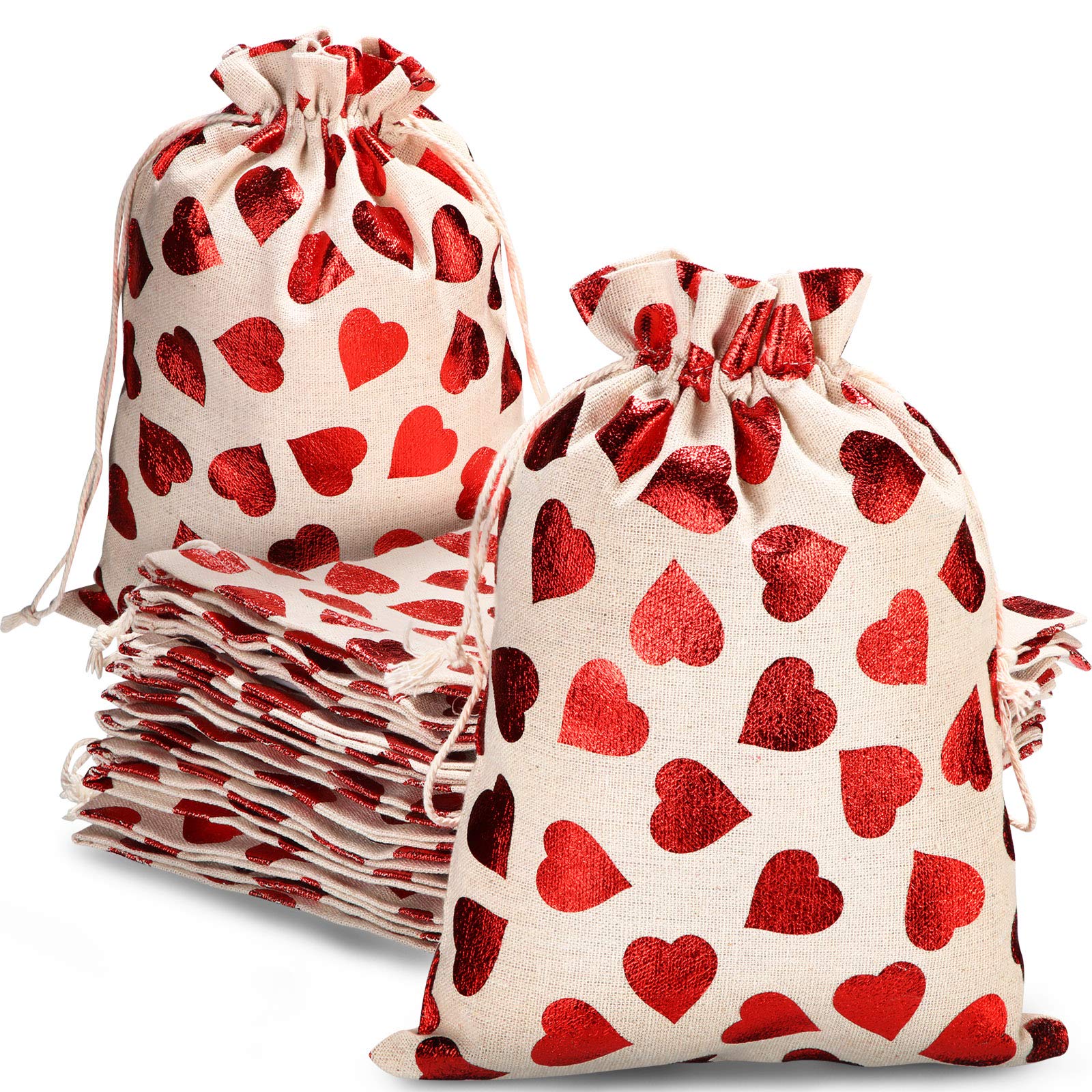 Shappy 12 Pcs Heart Valentine's Day Gift Bags with Drawstring Valentines Sacks Galentine Canvas Muslin Goodie Treat Medium Packing Bags for Wedding Birthday Party Favors 8 x 10 Inch