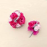 Ansuma Hot Pink Rose Corsage Boutonniere Set Real Touch Flowers for Men and Women, Bride Bridesmaid Groom Fuchsia Wedding Flowers Accessories Prom Party Dinner Dance Anniversary (Fuchsia)